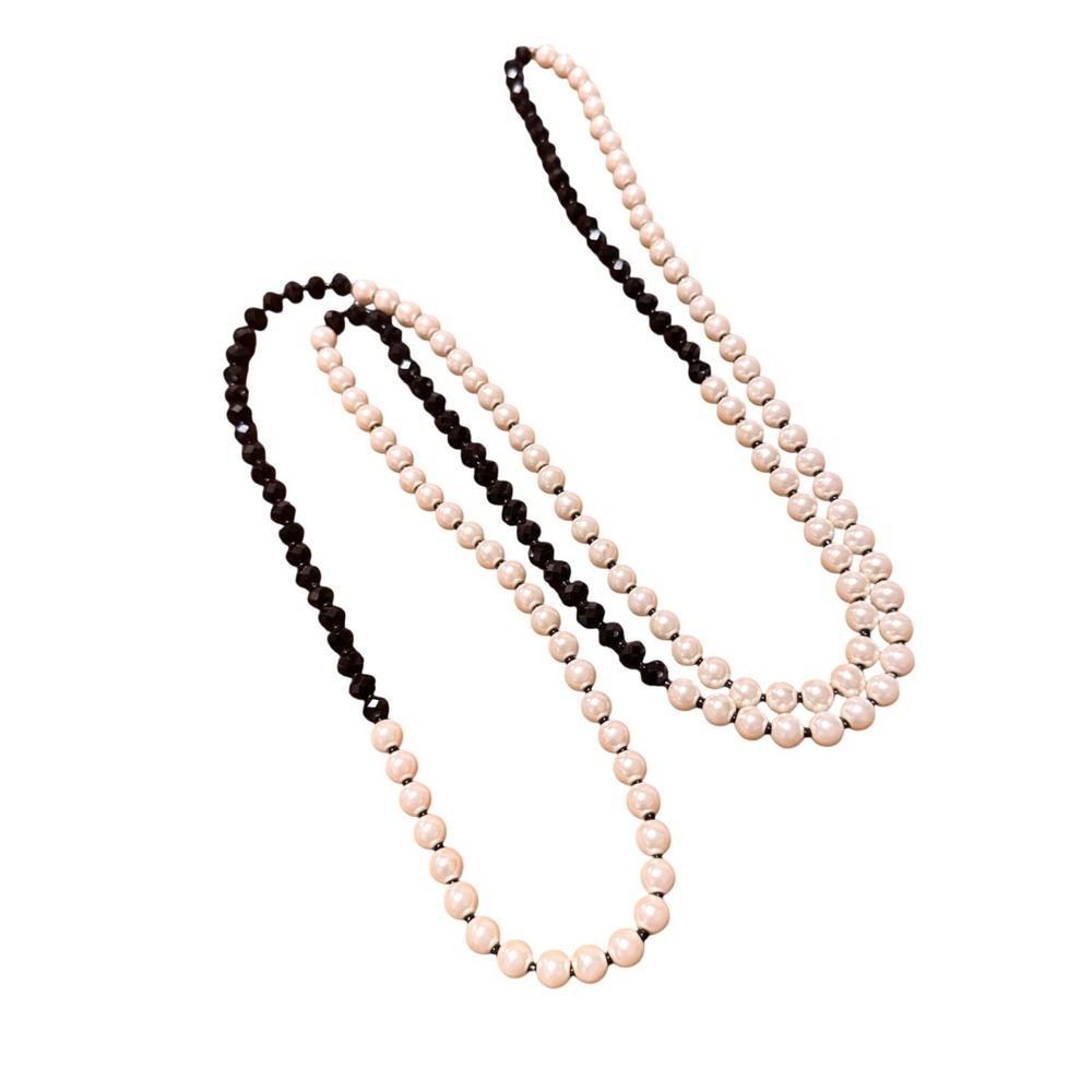 Long Faux Pearl and Black Faceted Bead Rope Necklace Continuous Strand 48 Inch
